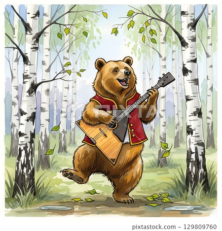 A cartoon bear in a red vest joyfully plays a balalaika while dancing on one leg A cartoon bear in a red vest joyfully plays a balalaika while dancing on one leg 129809760