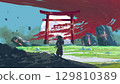Samurai Approaching Floating Torii Gate 129810389