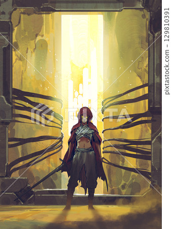 Warrior in Red Cloak at Glowing Gate 129810391