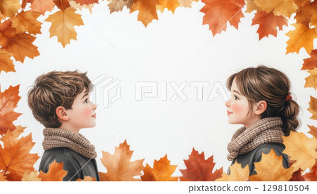 秋天的圖像素材：男孩與女孩 129810504