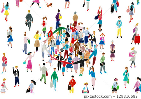Hand-drawn illustration of people surrounded by a circle and people leaving 129810682