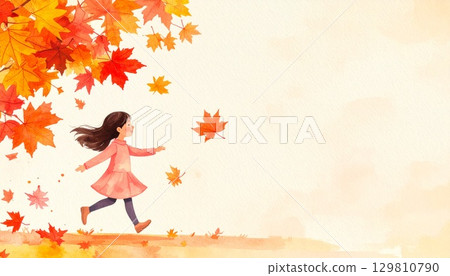Autumn illustration material: Girl enjoying autumn leaves 129810790