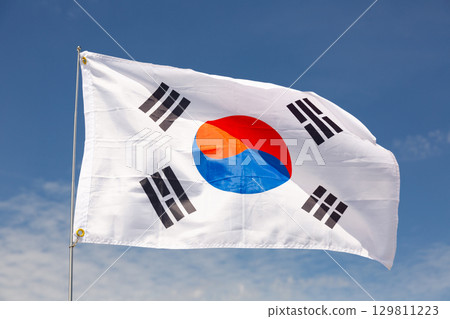 South Korea flag is waving against blue sky South Korea flag is waving against blue sky 129811223