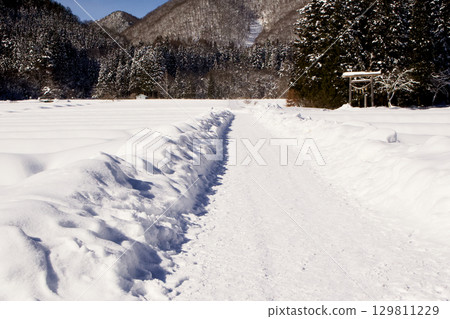 A view of a shrine gate and a mountain at the end of a snow-covered road A view of a shrine gate and a mountain at the end of a snow-covered road 129811229