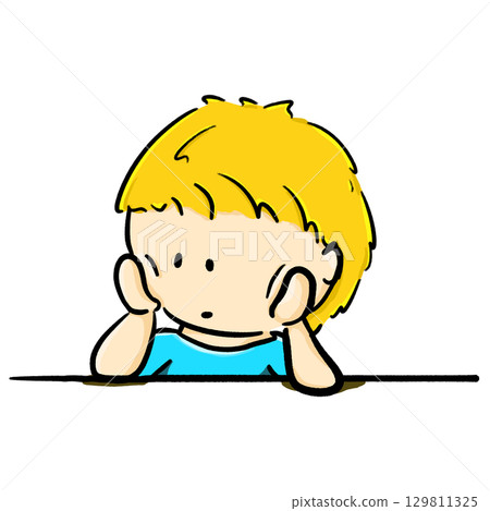 Bored young boy rests his chin on hands cartoon illustration Bored young boy rests his chin on hands cartoon illustration 129811325