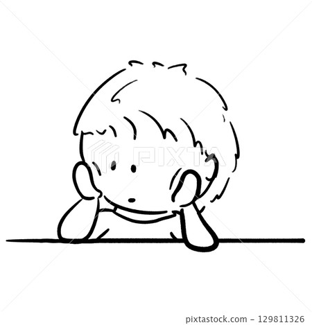 Young boy rests his chin on hands being alone outline illustration Young boy rests his chin on hands being alone outline illustration 129811326