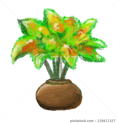 Potted plant with large, vibrant green leaf isolated artistic illustration Potted plant with large, vibrant green leaf isolated artistic illustration 129811327