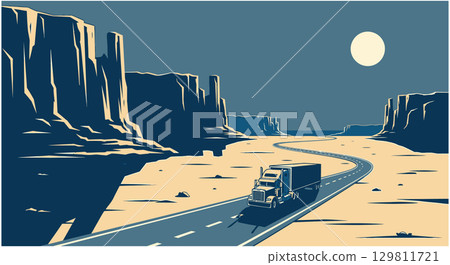 Desert Highway Night Drive Big Rig Truck 129811721