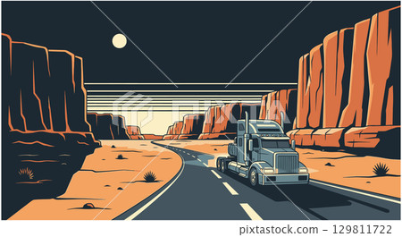 Lone Trucker on Desert Highway at Night 129811722
