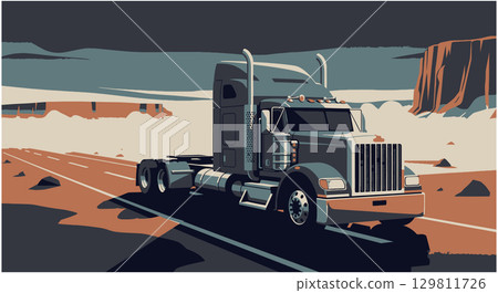 Lone Trucker on Desolate Highway Journey Lone Trucker on Desolate Highway Journey 129811726