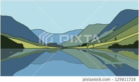 Serene Lake Reflection in Mountain Valley Landscape Serene Lake Reflection in Mountain Valley Landscape 129811728