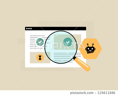 Automated SEO audit with magnifying glass analyzing website content, ai crawling process and indexing performance. Improve search visibility, seo digital strategy, online growth vector illustration 129811886