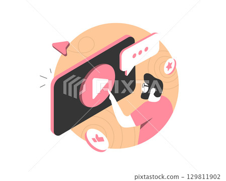 Video content marketing - user pressing play button on digital screen. Social media engagement with likes, comments and sharing. Video marketing isometric vector illustration Video content marketing - user pressing play button on digital screen. Social media engagement with likes, comments and sharing. Video marketing isometric vector illustration 129811902