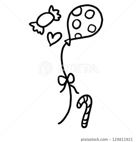 Hand drawn outline of balloon, candy cane, heart for party, celebration, amusement park, sticker, decorations, cute patches, shirt print, brooch, merchandise, kids and children, department store 129811921