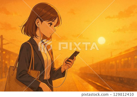 A woman walks along the platform checking her schedule on her smartphone. A woman walks along the platform checking her schedule on her smartphone. 129812410