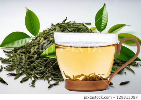 Oolong tea and tea leaves in a glass container Oolong tea and tea leaves in a glass container 129813087