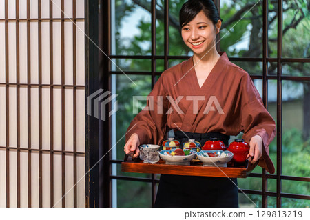 在老字號溫泉旅館、高級旅館、寺廟住宿處工作的服務生和老闆娘（提供餐飲服務） 129813219