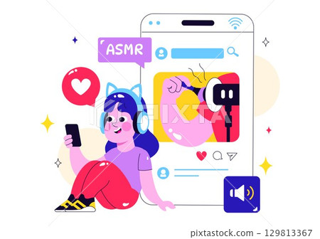 ASMR Lifestyle Vector Illustration Featuring Young People Recording ASMR Sounds to Create Social Media Content in a Flat Style Cartoon Background ASMR Lifestyle Vector Illustration Featuring Young People Recording ASMR Sounds to Create Social Media Content in a Flat Style Cartoon Background 129813367
