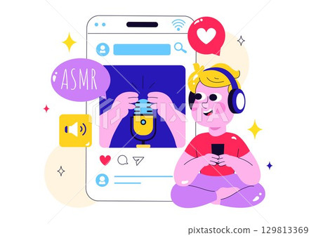 ASMR Lifestyle Vector Illustration Featuring Young People Recording ASMR Sounds to Create Social Media Content in a Flat Style Cartoon Background 129813369