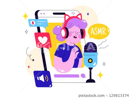 ASMR Lifestyle Vector Illustration Featuring Young People Recording ASMR Sounds to Create Social Media Content in a Flat Style Cartoon Background 129813374