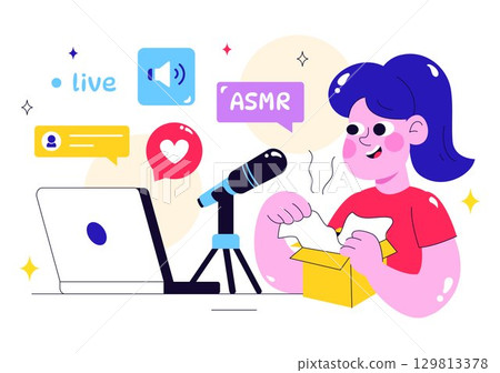 ASMR Lifestyle Vector Illustration Featuring Young People Recording ASMR Sounds to Create Social Media Content in a Flat Style Cartoon Background ASMR Lifestyle Vector Illustration Featuring Young People Recording ASMR Sounds to Create Social Media Content in a Flat Style Cartoon Background 129813378