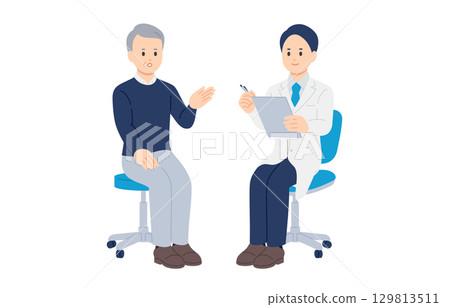 一位男醫師和一位老年男性病患正在進行訪談[人物向量插畫素材] 129813511
