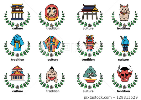 set of illustrations in the concept of Japanese culture in a line style set of illustrations in the concept of Japanese culture in a line style 129813529