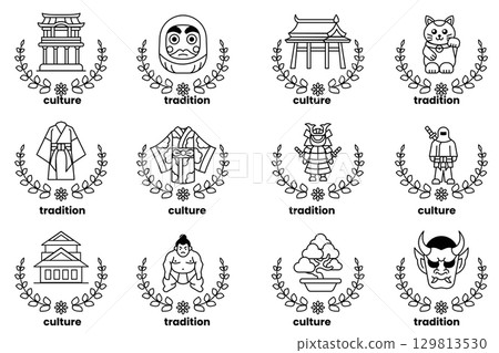 set of illustrations in the concept of Japanese culture in a line style set of illustrations in the concept of Japanese culture in a line style 129813530