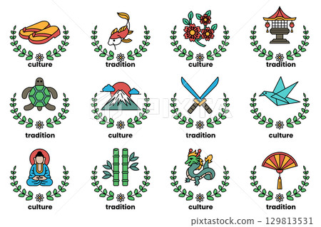 set of illustrations in the concept of Japanese culture in a line style set of illustrations in the concept of Japanese culture in a line style 129813531