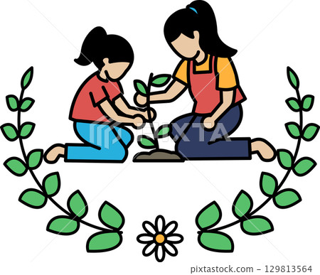 A woman and a child are planting a tree together A woman and a child are planting a tree together 129813564