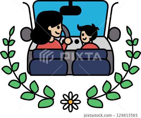 A woman and a child are in a car A woman and a child are in a car 129813565