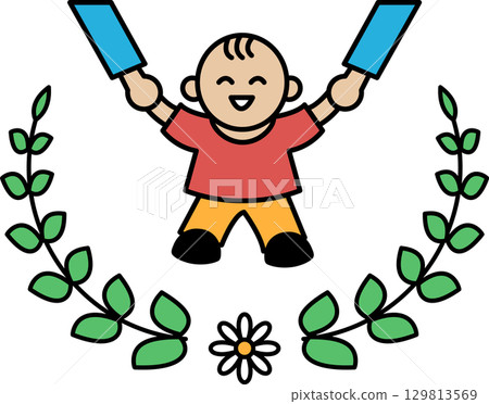 A child is holding two sticks and smiling 129813569