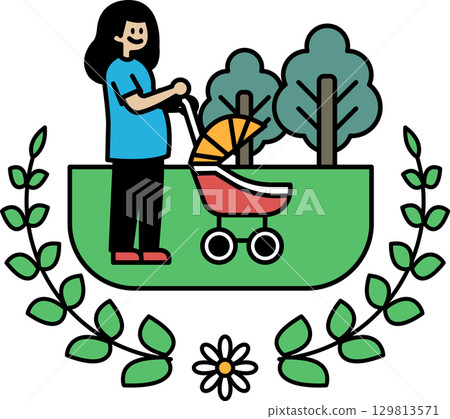A woman is pushing a stroller in a park 129813571