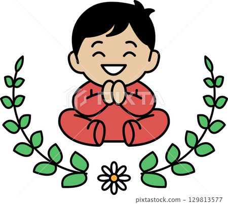 A smiling baby is sitting in a circle of leaves 129813577