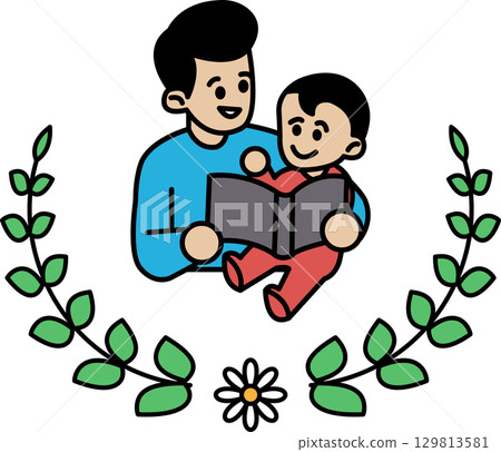 A man and a child are reading a book together 129813581