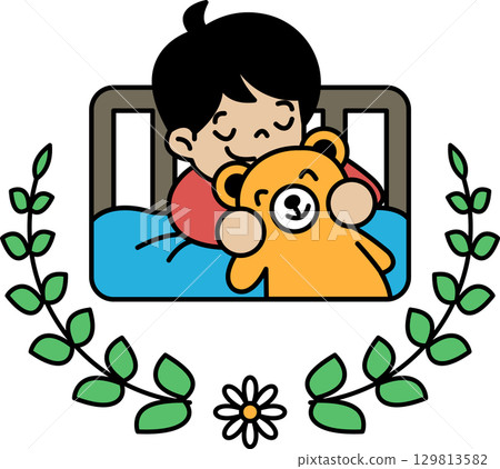 A black and white drawing of a child sleeping with a teddy bear A black and white drawing of a child sleeping with a teddy bear 129813582