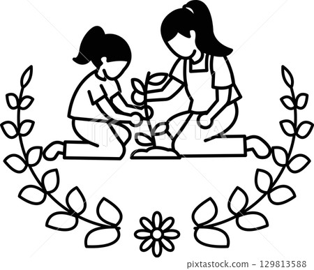 A woman and a child are planting a tree together 129813588