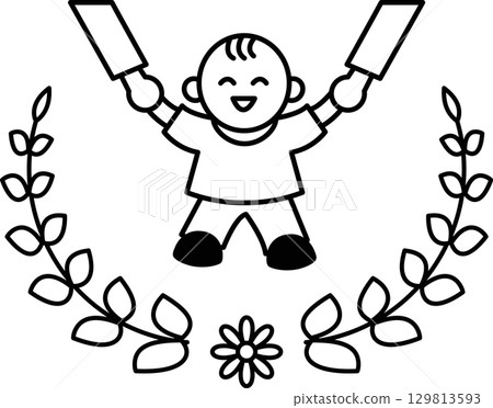 A child is holding two sticks and smiling 129813593