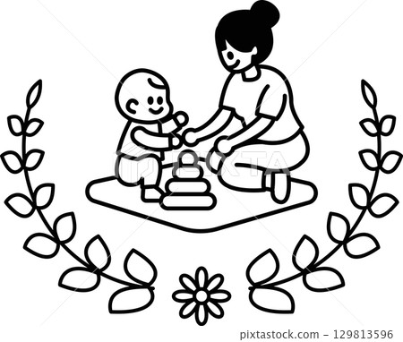 A woman is holding a baby and a child is playing with blocks 129813596