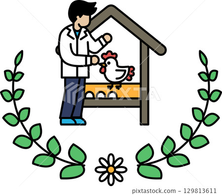 A man feeds a chicken in a chicken coop A man feeds a chicken in a chicken coop 129813611