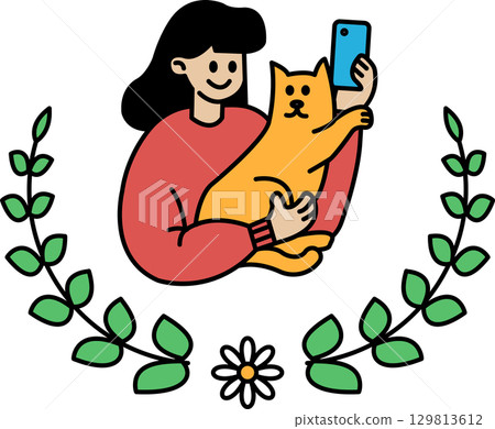 A woman is holding a cat and taking a picture of it with a cell phone A woman is holding a cat and taking a picture of it with a cell phone 129813612