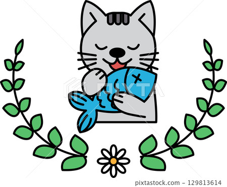 A cat is holding a fish in its mouth 129813614