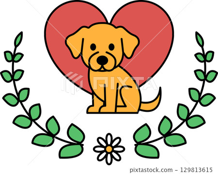 A black and white drawing of a dog sitting in a heart A black and white drawing of a dog sitting in a heart 129813615