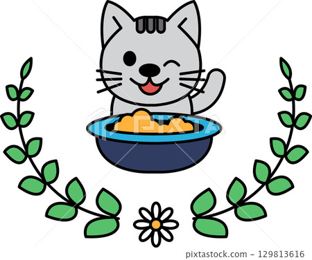 A cat is sitting in a bowl of food A cat is sitting in a bowl of food 129813616