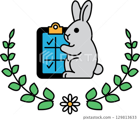 A rabbit is standing in front of a clipboard with a check mark on it 129813633