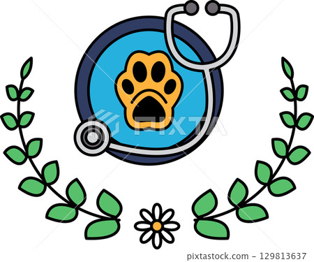 A black and white drawing of a paw and a stethoscope A black and white drawing of a paw and a stethoscope 129813637
