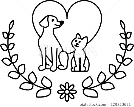 A black and white drawing of a dog and cat sitting in a heart 129813651