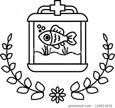 A fish tank with a fish inside and a leafy border A fish tank with a fish inside and a leafy border 129813656