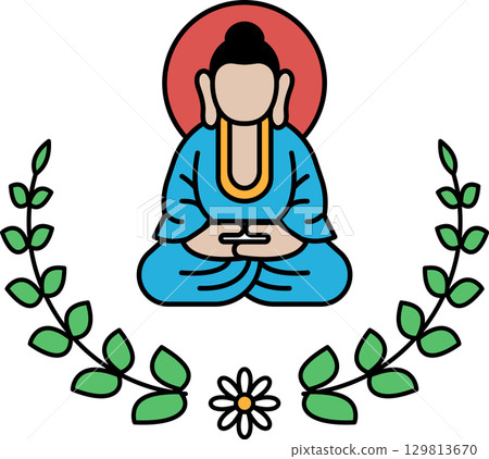 A drawing of a man sitting cross legged with his hands on his knees 129813670
