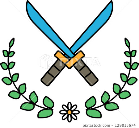 Two swords crossed over each other, with a leafy border surrounding them Two swords crossed over each other, with a leafy border surrounding them 129813674
